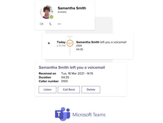 Carte de profil Microsoft Teams avec les informations de l’utilisateur Samantha Smith. Un rectangle est situé au-dessous du profil avec l’interface utilisateur de l’historique des appels Microsoft Teams contenant « Samantha Smith vous a laissé un message vocal aujourd’hui à 14 h 15 ». Une autre carte de l’interface utilisateur Microsoft Teams est située sous le rectangle avec des détails sur la messagerie vocale de Samantha Smith, suivie du logo Microsoft Teams.
