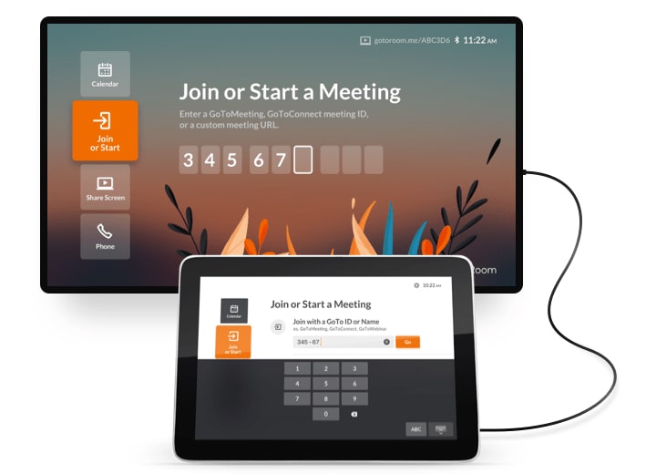 Go To Room interface on television screen along with a Logitech Tap Touch Controller.