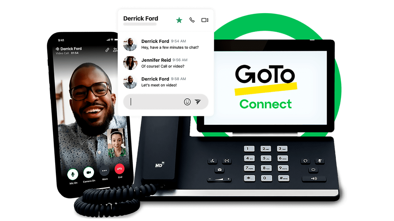 Uma demonstração das ferramentas de comunicação do GoTo Connect, incluindo o aplicativo de telefone, o bate-papo e a integração do sistema telefônico.