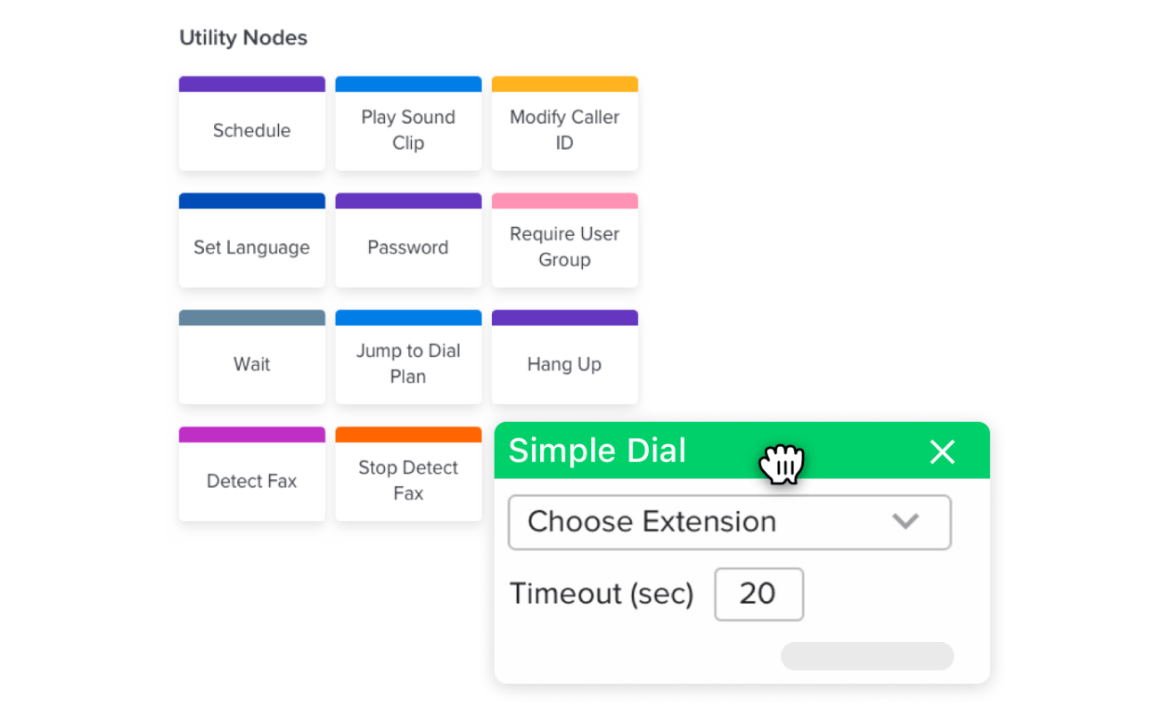 Colagem das opções de plano de chamadas do GoTo Connect, incluindo agendamento, detecção de faxes, configurações de idioma e reprodução de trilhas musicais.