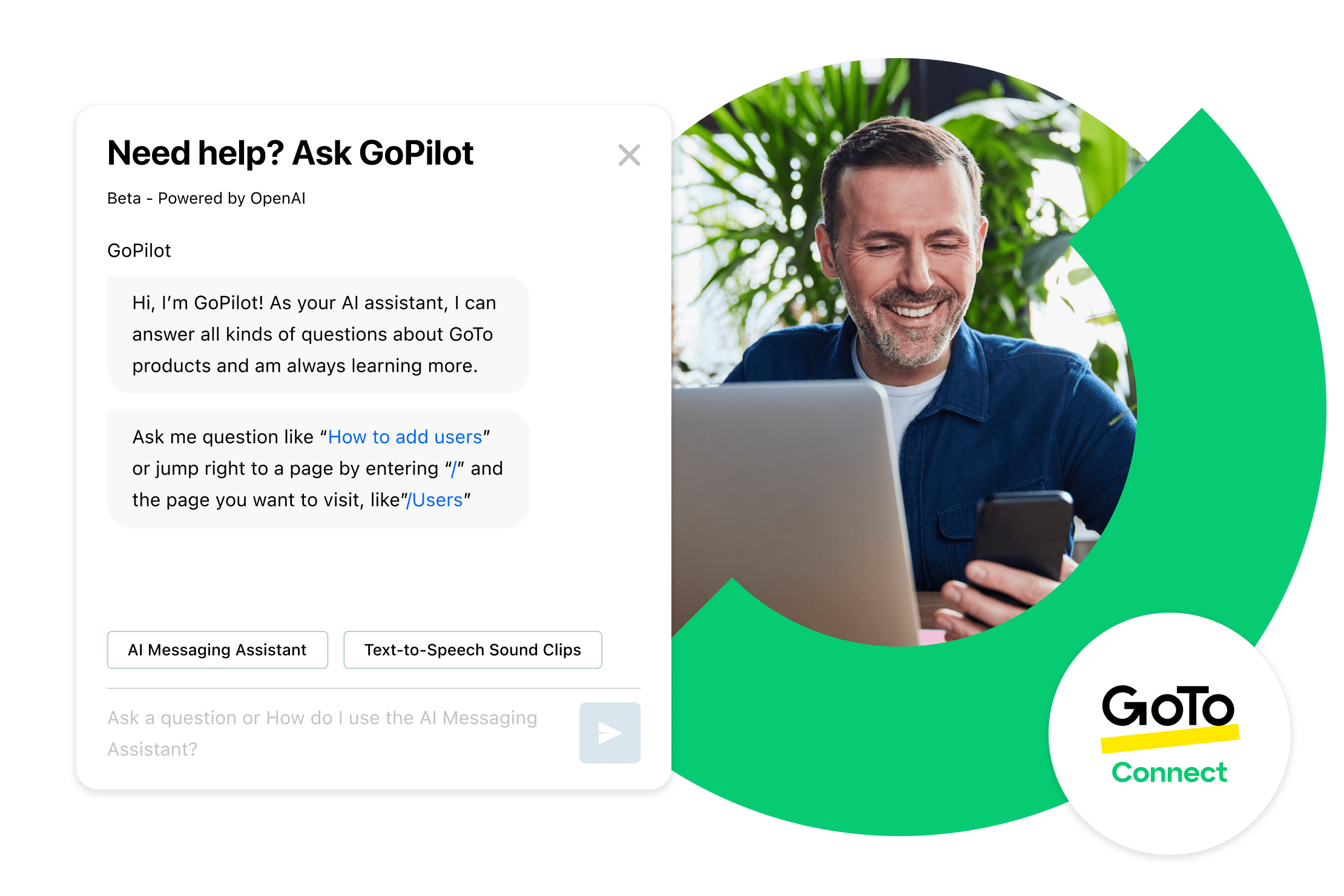 Montagem de homens sorrindo ao usar dispositivos móveis e trabalhar em notebooks para explorar a assistência de IA.