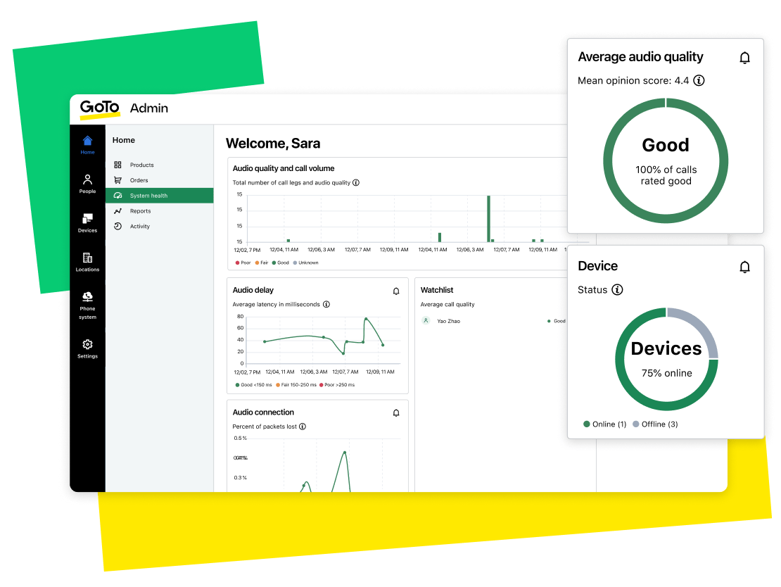 Écrans GoTo Admin qui affichent des analyses de l’intégrité du système telles que la qualité audio, les appareils en ligne, le délai audio et la qualité de la connexion.