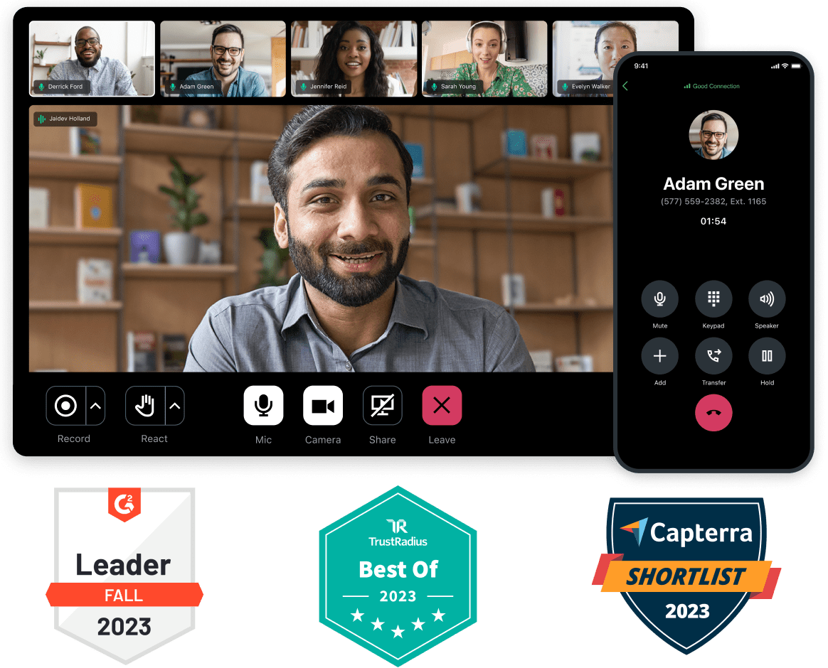 Imagem exibindo o sistema de telefonia e videoconferência do GoTo Connect. Emblemas de líder do outono de 2023 da G2, melhores de 2023 da TrustRadius e Shortlist 2023 da Capterra.