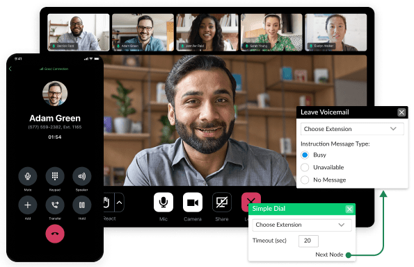 Screens showing GoTo Connect's phone, video conferencing, and dial plan capabilities.