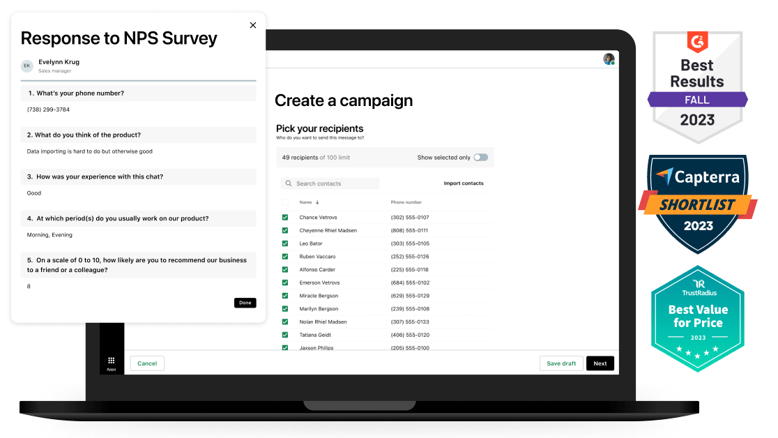Ferramentas do Customer Engagement, solução premiada da GoTo, mostrando como criar uma campanha e visualizar respostas de pesquisas.