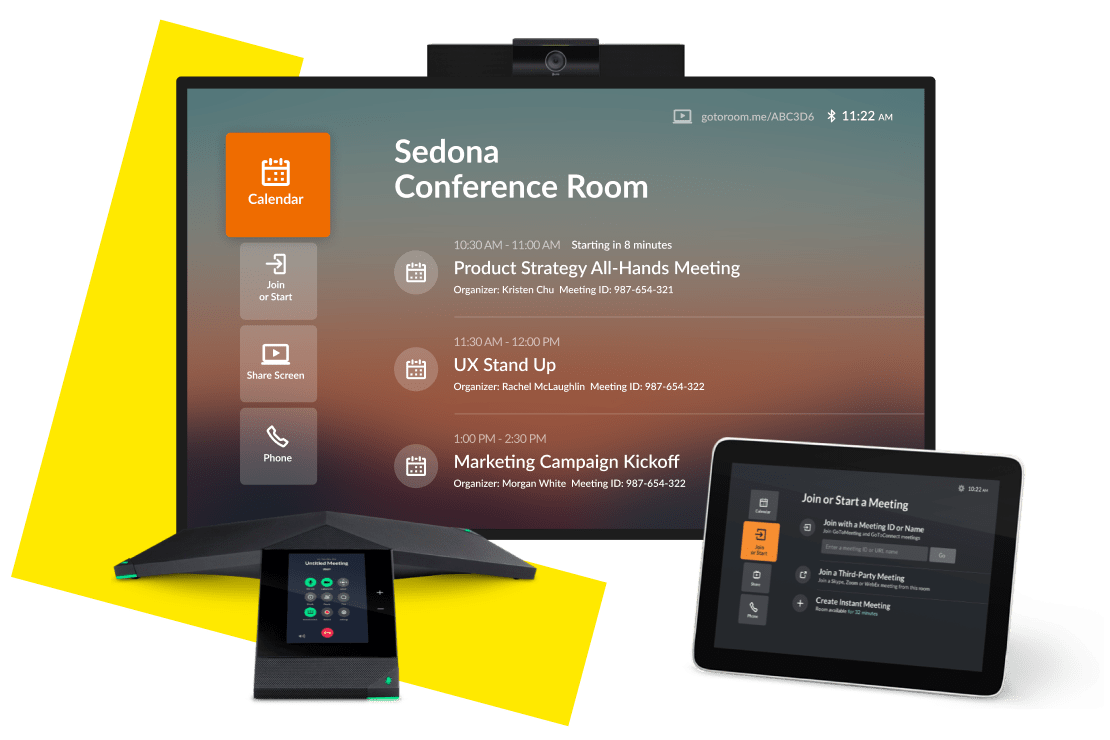 Hardware van GoTo Room, waaronder ondersteuning voor twee beeldschermen.