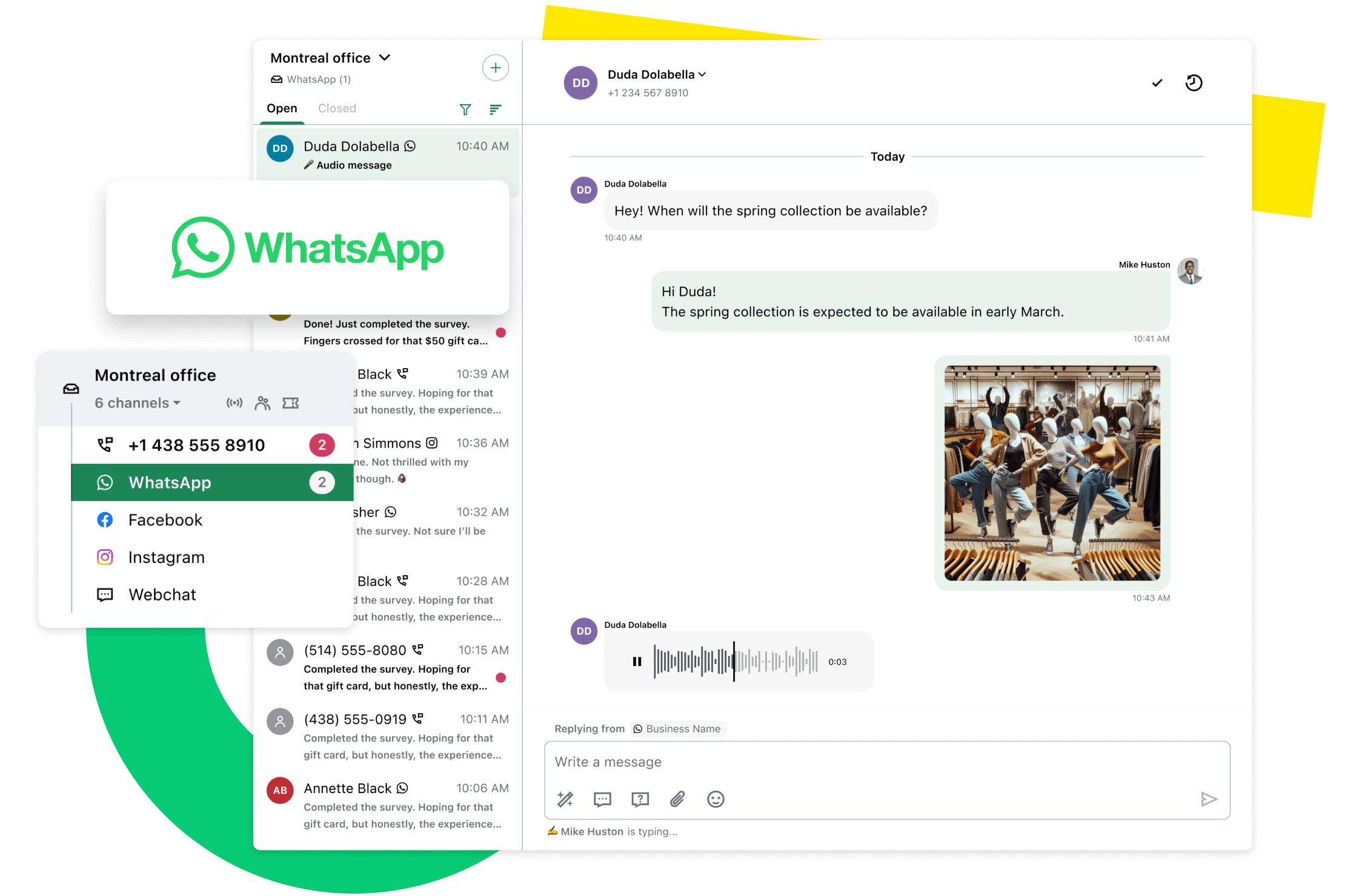 Tela mostrando a caixa de entrada com WhatsApp do GoTo Connect Customer Engagement contendo uma conversa com cliente personalizada e em tempo real.