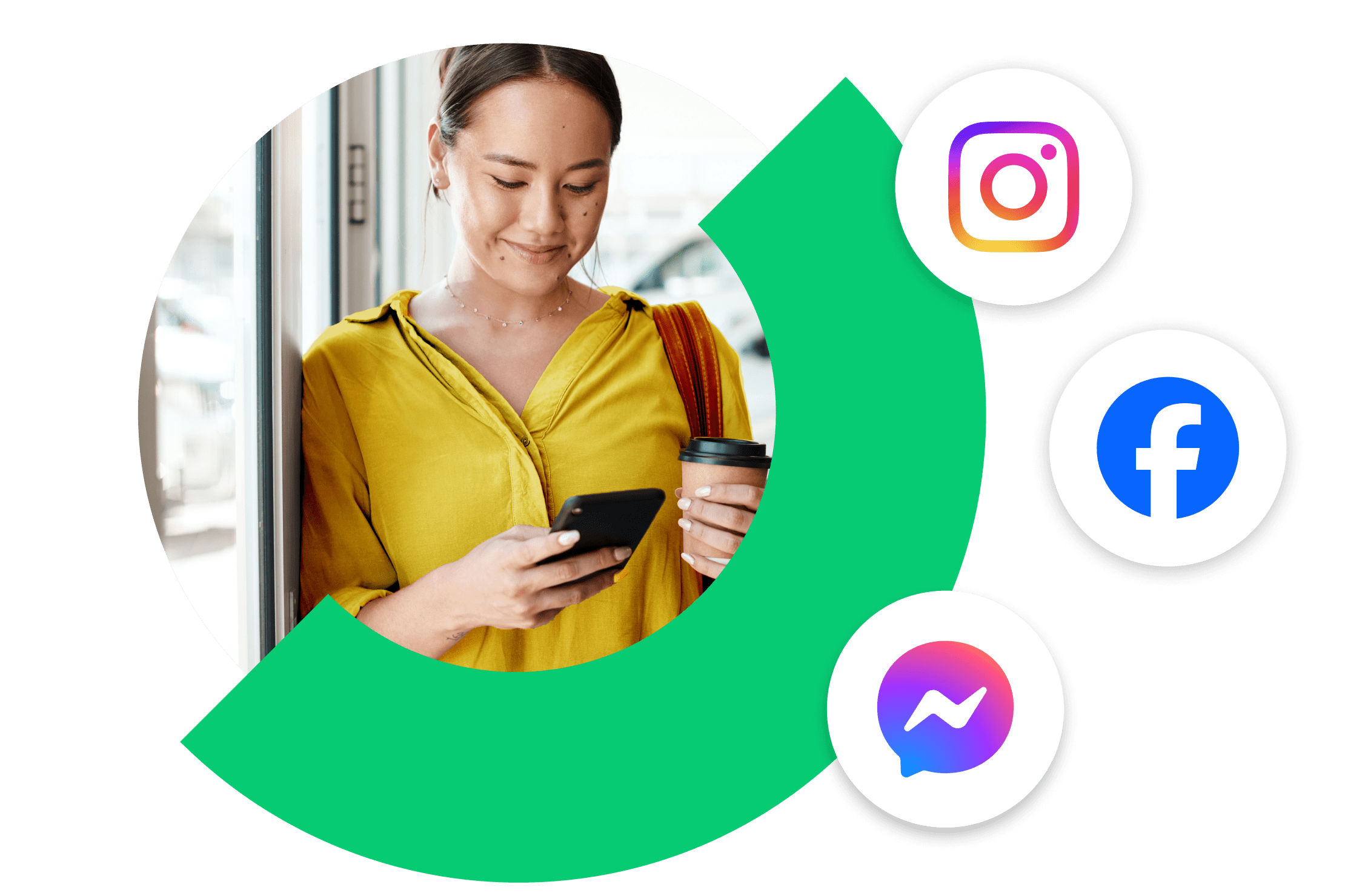 Jovem profissional usando seu dispositivo móvel para acessar plataformas de rede social, incluindo Instagram, Facebook e Facebook Messenger, em qualquer lugar.