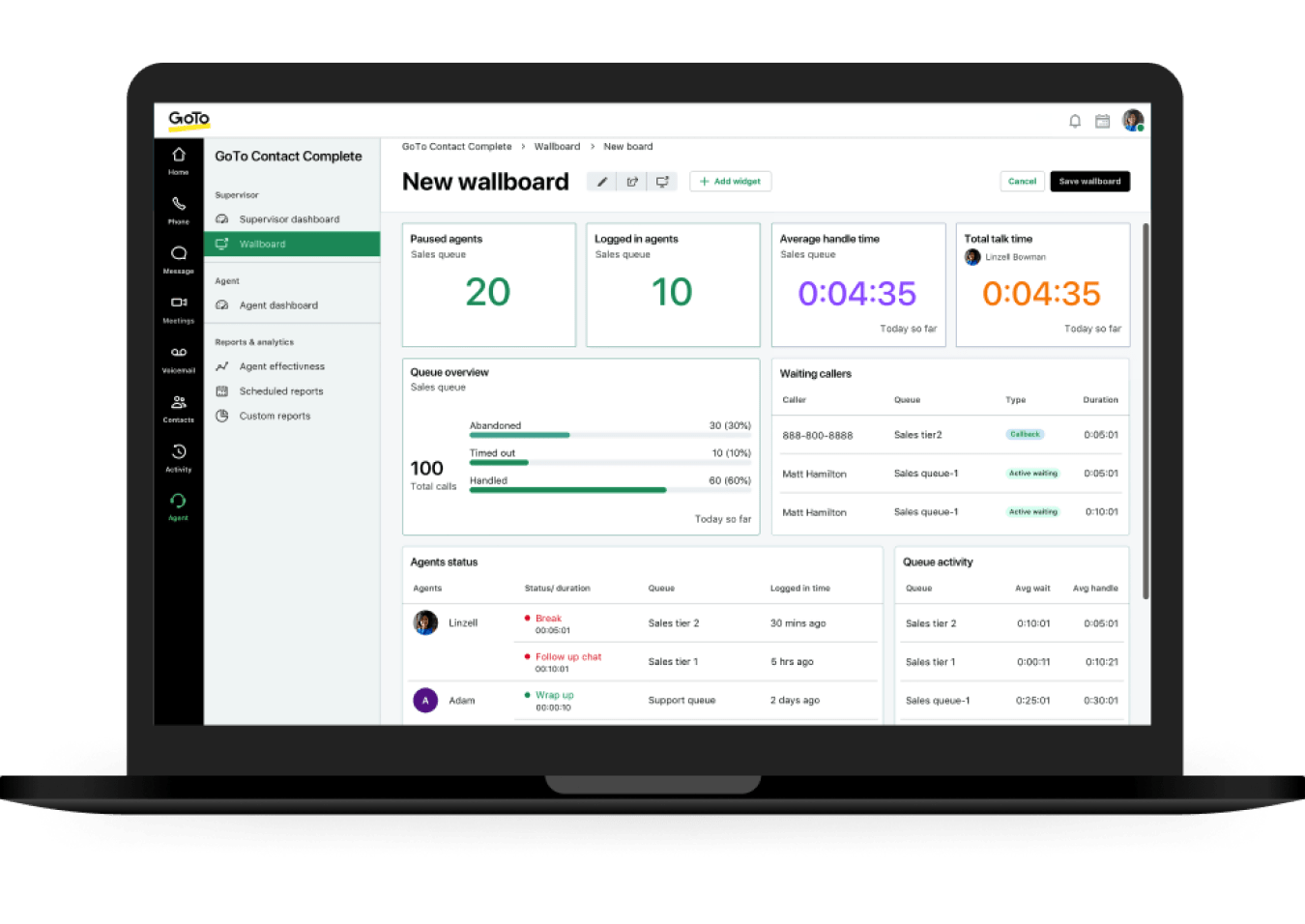 Vista do painel do gerente do GoTo Contact Center para computador exibindo status dos agentes, agentes conectados, tempo médio de atendimento, tempo total de conversa, visão geral da fila, usuários em espera e mais. 