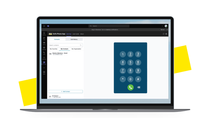 Telas mostrando chamadas do GoTo Connect no MS Teams com mais recursos e controle disponíveis no telefone.