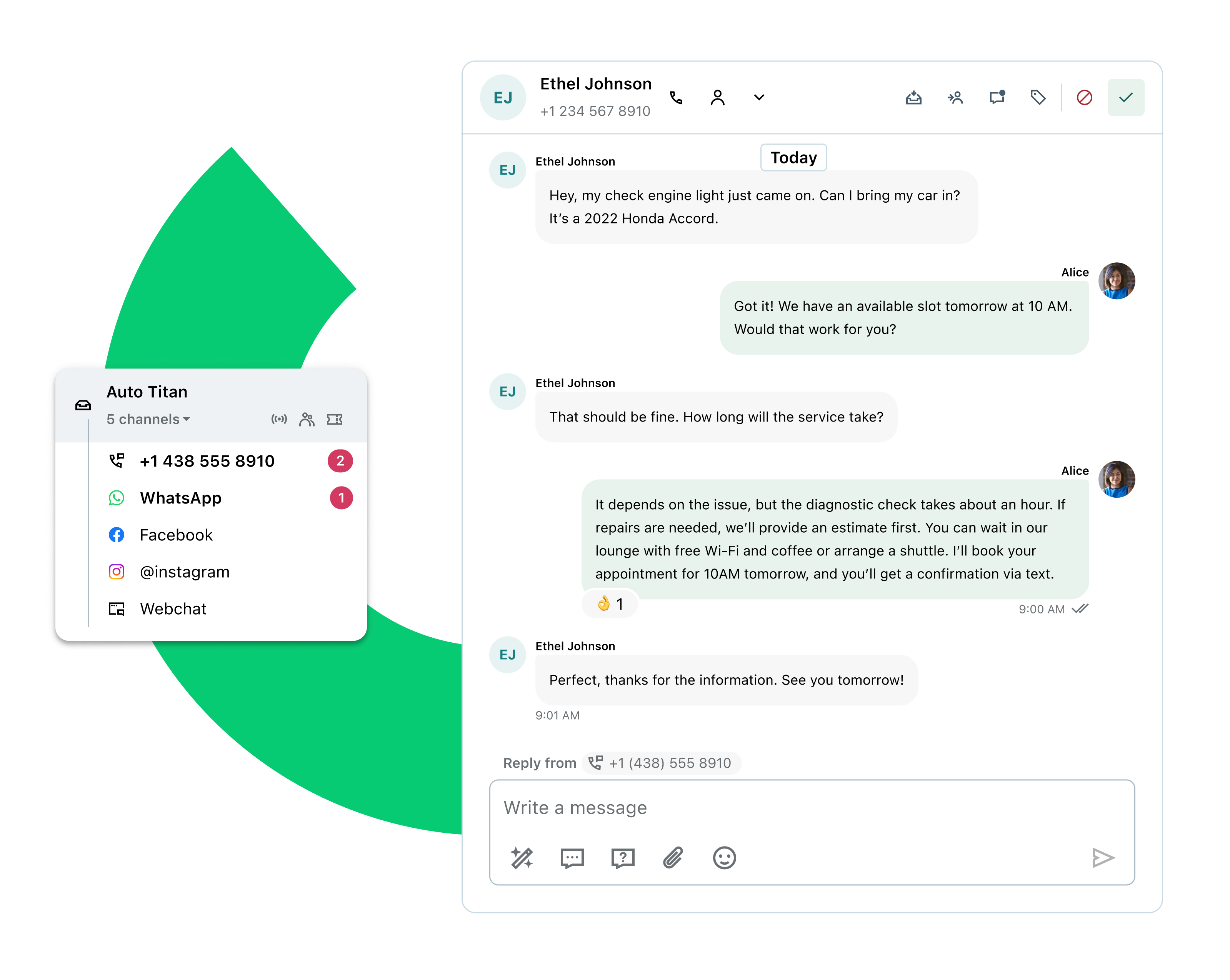Interface de chat exibindo uma conversa entre agente e cliente, com integração a vários canais de comunicação, incluindo WhatsApp, redes sociais, SMS e chat em navegador.
