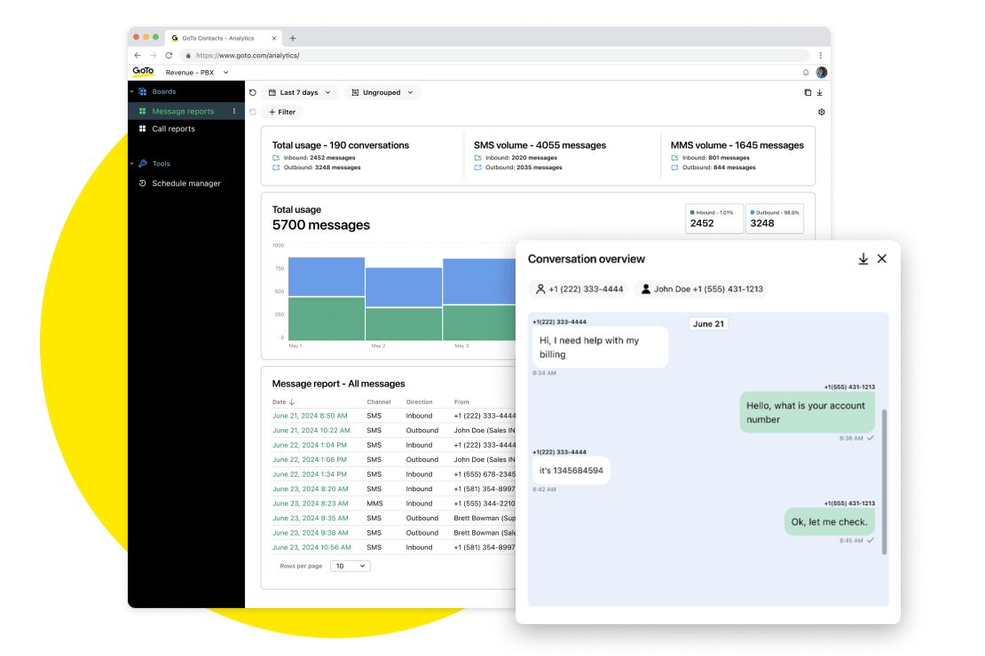 Captura de tela dos relatórios de mensagens do GoTo Connect com uma janela sobreposta de visão geral da conversa com sincronização de dados em tempo real para insights instantâneos sobre o cliente.