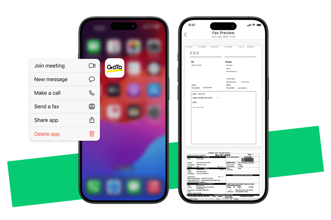 Dois dispositivos móveis exibindo o aplicativo do sistema de telefonia em nuvem GoTo Connect, que oferece suporte operacional, fax virtual e permite fechar negócios em qualquer lugar por meio de voz e vídeo.