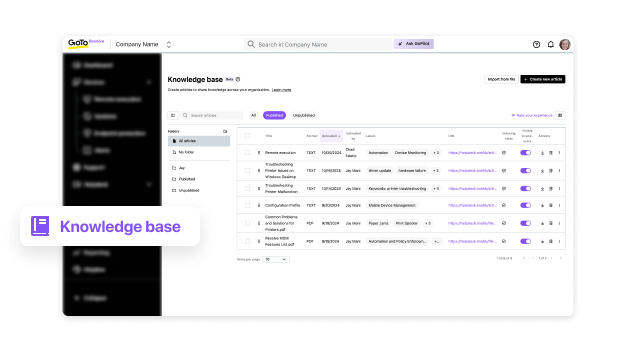 GoTo Resolve Knowledge Base dashboard featuring powerful management and tracking tools for the IT environment.