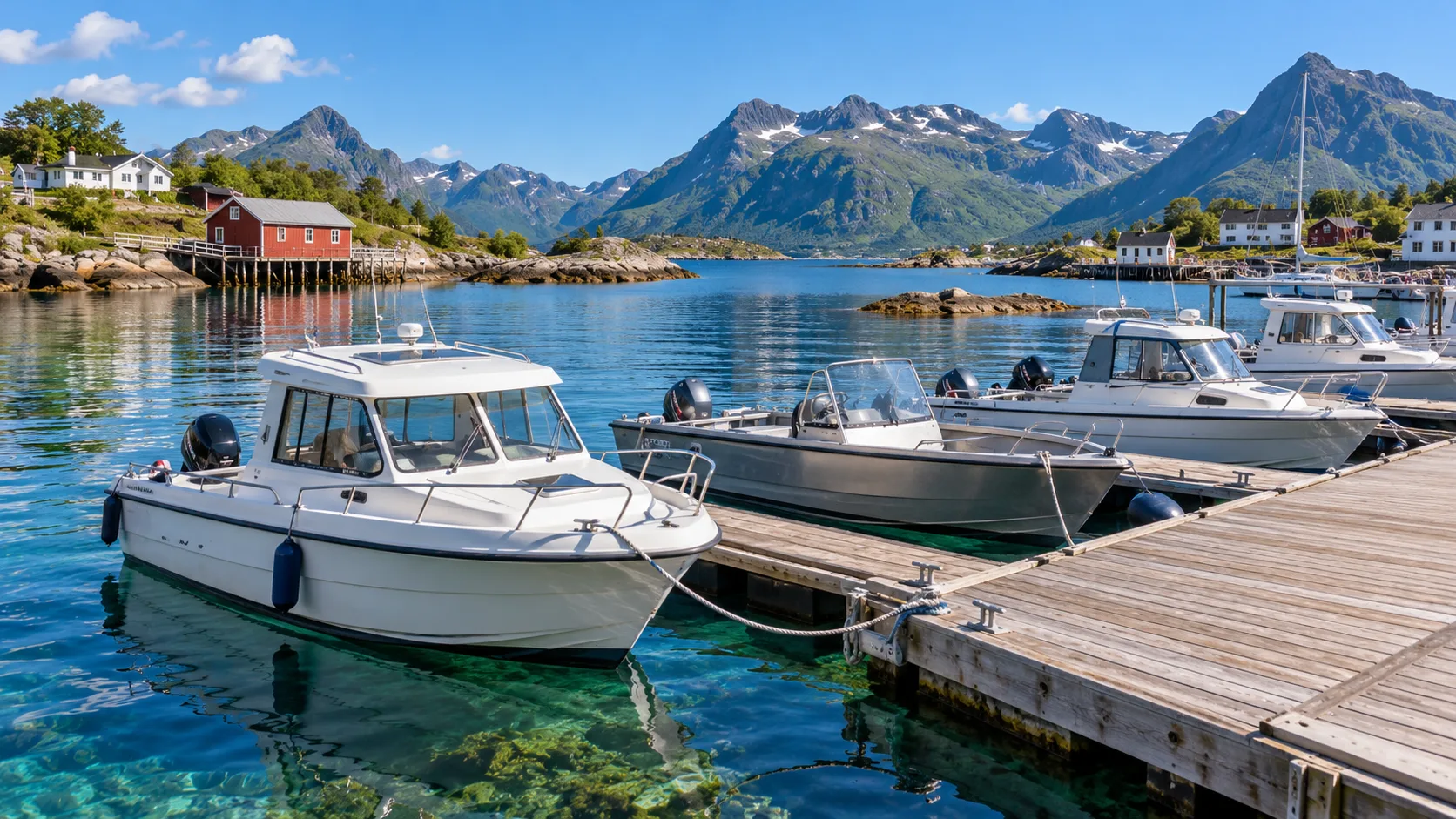Small motorboats in a sunny harbour, with mountains and sea in the background.